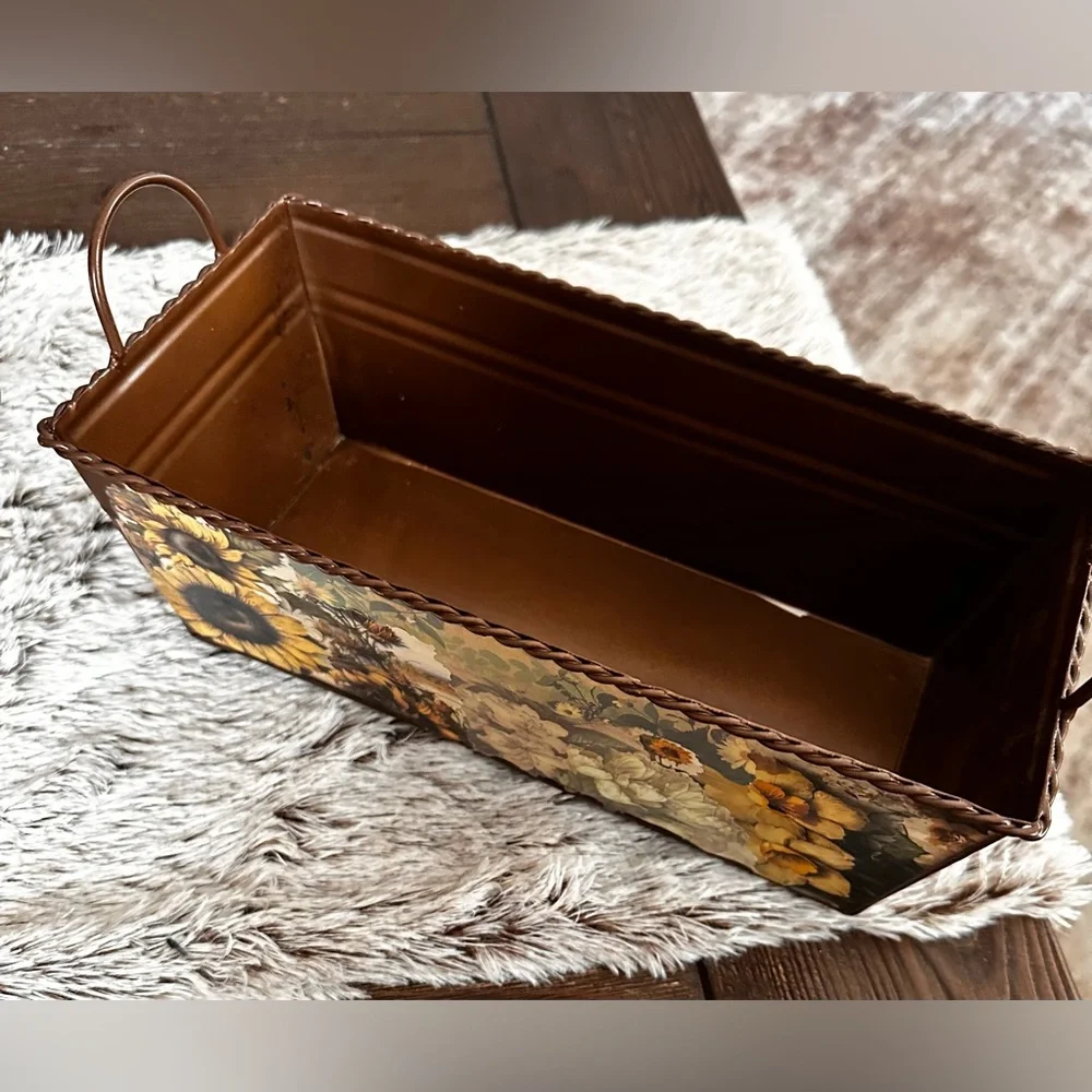 Hand crafted Artisan rustic Floral Metal Storage Bin Brown and Yellow